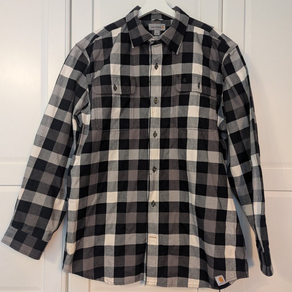 CARHARTT Men's Large Heavyweight Flannel Shirt Original Fit Black White Plaid
